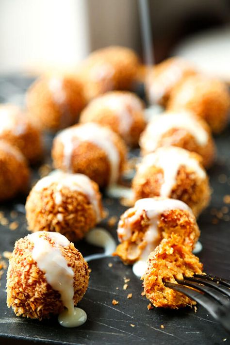 Sweet Potato Croquettes Recipe- These perfectly crunchy, creamy Sweet Potato Croquettes are loaded with healthy ingredients, but tastes like an indulgent, full-flavor dessert bomb! Recipe, dessert, sweet potato, snack, Thanksgiving, Christmas | pickledplum.com Sweet Potato Croquettes, Potato Croquettes Recipe, Potato Croquette Recipe, Baked Pumpkin Oatmeal, Potato Snack, Croquettes Recipe, Potato Croquettes, Healthy Potatoes, Stuffed Potato Balls