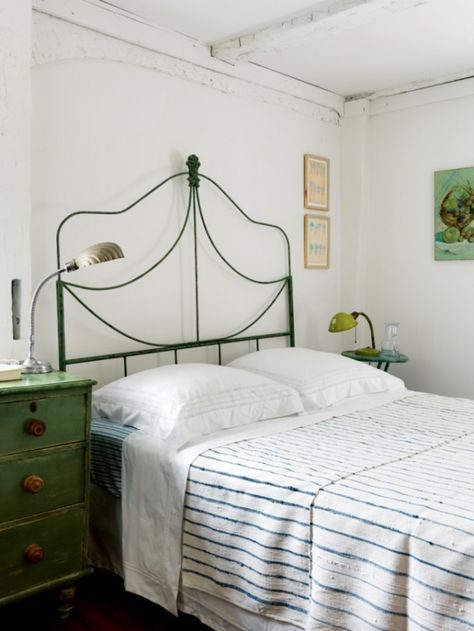 iron full size bed and vintage French rag rug bed cover in blue and white stripes, in the home of Chris Mead and Zoe Hoare Mead Rustic Painted Furniture, Hamptons Cottage, Wrought Iron Bed, White Chest Of Drawers, Compact Sofas, Iron Bed Frame, Vogue Living, Iron Bed, Wooden Bed Frames