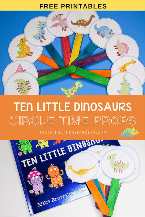 This Ten Little Dinosaurs circle time activity is a fun way to work on simple math skills with preschoolers. Free printable props included! #preschool #dinosaurs #math #counting #printable #circletime #teachers #earlychildhood #education #literacy #3yearolds #teaching2and3yearolds Dinosaur Circle Time Activities, Circle Time Props, Circle Time Activity, Preschool Dinosaurs, Dinosaur Preschool, Preschool Slp, Dinosaur Lesson, Dinosaur Theme Preschool, Dinosaur Activities Preschool