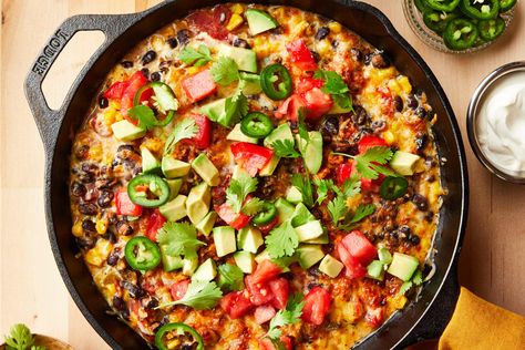 4-Can Skillet Nacho Dip | The Kitchn Nachos Dip Recipe, Cheesy Dip Recipes, Skillet Nachos, Creamy Spinach Dip, Nacho Dip, Canning Refried Beans, Caramelized Onion Dip, Seven Layer Dip, Hosting Ideas