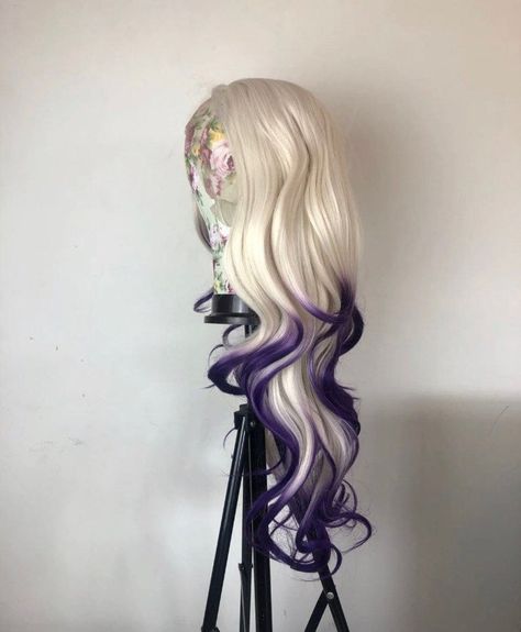 Purple To White Ombre Hair, White To Purple Hair, White Hair With Purple Tips, Gothic Hair Color, White And Purple Hair, Purple White Hair, Purple And White Hair, Purple And Blonde Hair, Blonde And Purple