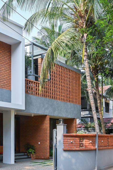 Tropical Brick House, Corner Plot House Design, Brick Jali, Brick Villa, Brick Screen, Kerala Homes, Concrete House Design, Modern Brick House, Modern Window Grill