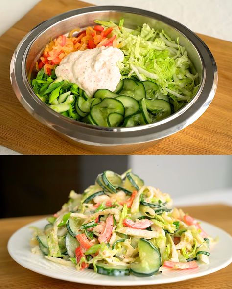 Cucumber and Chinese Cabbage Salad with Yogurt Dressing Cabbage Cucumber Salad, Chinese Cabbage Salad, Picnic Side Dishes, Salad For Dinner, Vegetable Crisps, Homemade Lasagna, Yogurt Dressing, Cucumber Recipes Salad, Baked Vegetables