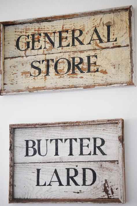 A well-cut piece of wood coupled with large bold font can go a long way. Weathered wood signs, as seen below, make a charming wall fixture in the home. With the right boards, paint, and stencils, i… Wood Kitchen Signs, Wooden Kitchen Signs, Primitive Signs, Country Signs, Antique Signs, Kitchen Sign, Primitive Kitchen, Farm Signs, Deco Retro