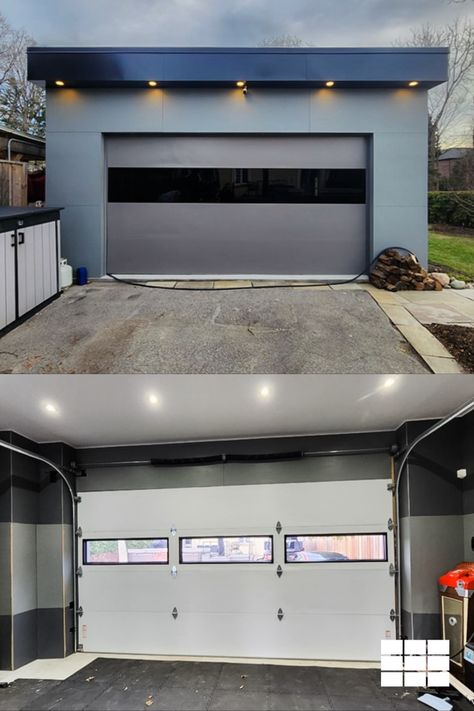 inside vs outside garage view of luxury garage door with row of tinted infinity glass Insulated Garage Door, Minimalist Garage, White Garage Doors, Garage Entry Door, Contemporary Garage Doors, Garage Door Panels, Garage Door Windows, Custom Garage Doors, Modern Garage Doors