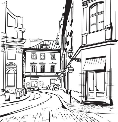 Krakow old town street view sketch illustration Street View Sketch, Street View Drawing, View Sketch, Landscape Vector Illustration, View Drawing, Dinosaur Drawing, Pedestrian Street, Architecture Concept Diagram, Concept Diagram