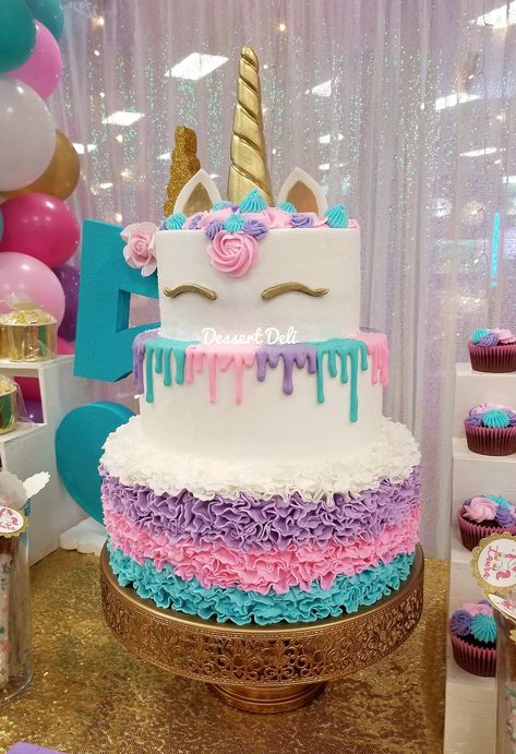 A beautiful three tier UNICORN cake! #dessertdelitx Three Tier Unicorn Cake, 3 Tier Unicorn Cake, Three Tier Cake Birthday, Three Tier Birthday Cake, Unicorn Cake Design, Macaroon Wallpaper, Savory Cakes, Tiered Cakes Birthday, Three Tier Cake