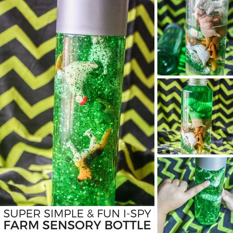 Super Simple and Fun I-Spy Farm Sensory Bottle #ispy #kidsactivity #kidsactivities #farm #sensory #sensorybottle #sensoryplay #ihsnet #funforkids Sensory Resources, Farm Sensory, Discovery Bottles, Sensory Bottle, Sensory Learning, Farm Preschool, Sensory Ideas, Sensory Crafts, Sensory Tools