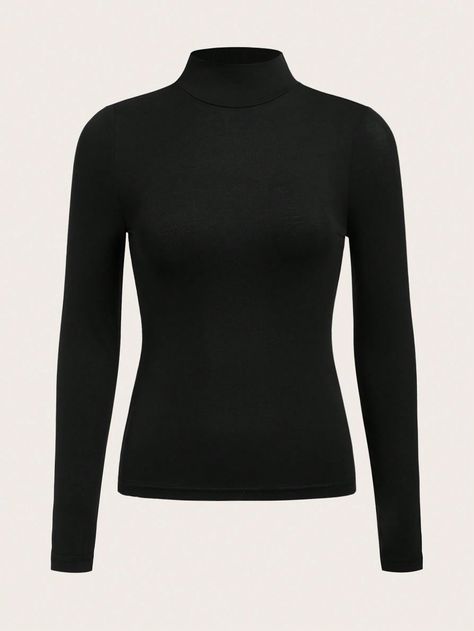 Shein Basics, Black Turtle Neck, Power Dressing, Black Long Sleeve Shirt, Fitted Tee, Black Long Sleeve Top, Social Life, Black Rib, Crop Tee