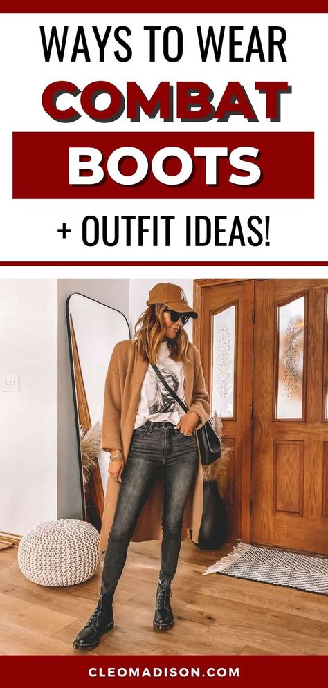 girl standing in front of door Outfits With Combat Boots Winter, Outfits With Combat Boots Fall, Styling Combat Boots Outfit Ideas, Combat Boots With Leggings, Combat Boots Fall Outfit, Dress And Combat Boots Outfit, Boots Outfit Ideas For Women, Combat Boots With Jeans, Jeans With Combat Boots