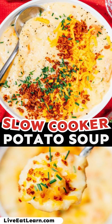 Image of the finished slow cooker potato soup served in a bowl with cheesy toppings Crockpot Gluten Free Soup, Vegetarian Potato Soup Crock Pot, Slow Cook Potato Soup, Vegetarian Potato Soup, Easy Vegetarian Soup, Potato Soup Vegetarian, Gluten Free Potato Soup, Dairy Free Potato Soup, Slow Cooker Potato