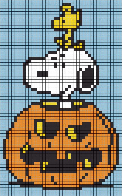 Peanuts Cross Stitch, Snoopy Alpha Pattern, Halloween Alpha Pattern, Spooky Pixel Art, Peanuts Fall, Easy Perler Bead Patterns, Graph Paper Drawings, Graph Crochet, Halloween Cross Stitch Patterns