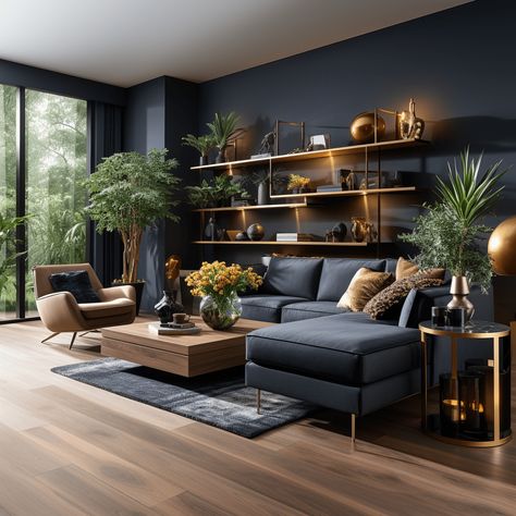 Salon bleu nuit : 19 idées tendances et intemporelles 💙 Black Lounge Room, Modern Lounge Ideas, Navy Living Rooms, Dark Living Rooms, Living Room Decor Gray, Black Lounge, Deco Salon, Living Room Design Inspiration, Ideas Living Room