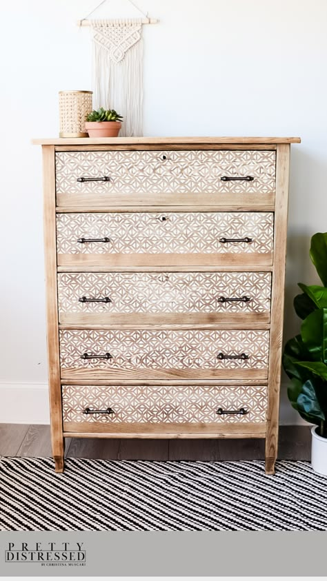 I'll be stripping off the paint of a piece of furniture that I refinished that wasn't selling. I knew this was a solid wood piece and would look beautiful stripped and bleached. I'm using wood bleach for the first time and a Stick & Style style stencil for some contrast to the natural, bleached wood. I'm taking this dresser from English Country to Boho. #chalkpaint #furniturepainting #diyhomedecor Boho Furniture Makeover, Wood Bleach, Refinished Dresser Diy, Bleach Wood, Diy Kast, Diy Furniture Flip, Upcycled Furniture Diy, Boho Furniture, Tall Dresser