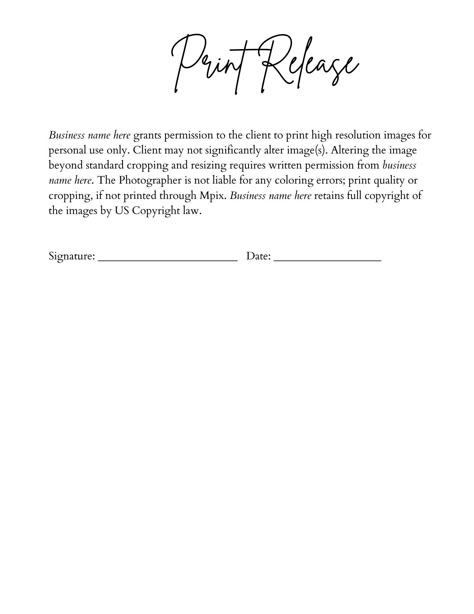 CANVA Photography client print release form  As with any photography service, it is important to have a photography contract , photography template contract, photography terms and conditions in place including model release, session contract, print release, to protect both the photographer and the client. What's included: 1 fully editable CANVA client print release template -Instant digital download -Photography client print release form  Details: Compatible with CANVA only Sharing or distributing these files is strictly prohibited Buyer MUST have a basic knowledge of CANVA Fully editable templates using FREE CANVA account Images are not included. Photos in listings are used for display purposes only. No designs can be resold in part or whole This File will be delivered once payment is ful Photography Client Welcome Gift, Print Release Form Photography, Meet The Photographer Template, Photography Contract Template Free, Photography Flyers Ideas, Photo Studio Ideas, Photography Studio Ideas, Photography Contract Template, Beginner Photography Camera