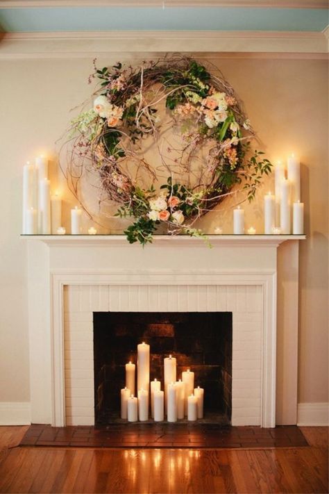 18 Floral Wedding Wreaths That Are Way Prettier Than Flower Crowns | Brit + Co Faux Foyer, Christmas Fireplace Ideas, Christmas Fireplace Decorations, Diy Christmas Fireplace, Fake Fireplace, Fireplace Decorations, Shabby Chic Decorating, Candles In Fireplace, Happy Xmas