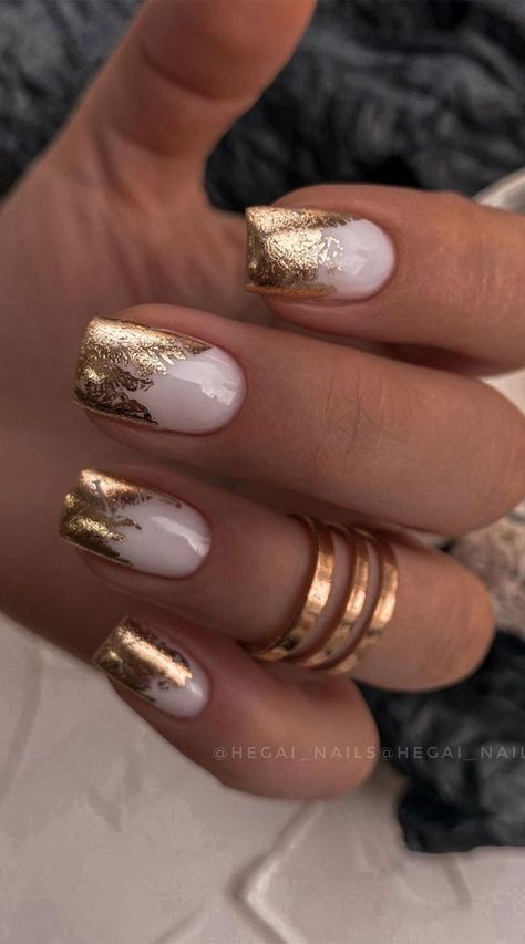 81. Milky nails with gold foil accent design Consider this sprightly minimalist nail art the ultimate pretty nail loo? Spring for shades of milky,... Foil Nail Designs, Foil Nail Art, Golden Nails, Milky Nails, Gold Nail Designs, Gel Set, Cute Spring Nails, Work Nails, Nail Art Wedding