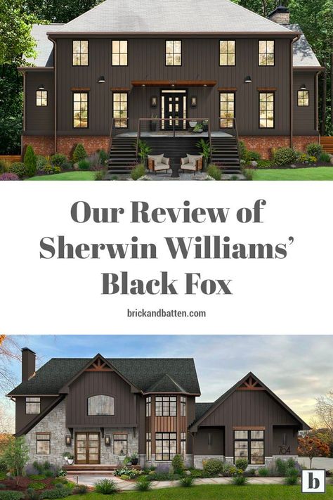 Sherwin Williams’ Black Fox is a deep, complex neutral paint color. This saturated shade is versatile and striking and made our list of the top exterior house colors of 2022. Black Fox has rich brown undertones that give it a warmer feel than other more traditional black paint colors. Check out our most recent blog post for more on why we’re recommending Black Fox in our exterior designs and how we love to use it. Let us be your exterior paint color consultants! #exteriordesign #exteriorpaint Gauntlet Gray Sherwin Williams Exterior Black Trim, Exterior House Colors Dark Gray, Charcoal Ranch House Exterior, Peppercorn Trim Exterior, Dark Gray Painted Brick House, Exterior Dark Gray Paint Colors, Medium Grey Exterior House Colors, Peppercorn Exterior House Paint, Peppercorn Sherwin Williams Exterior House