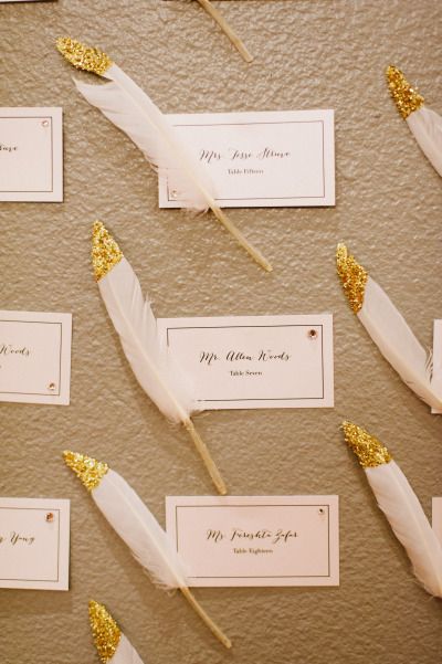 Gallery & Inspiration | Picture - 2831916 - Style Me Pretty Diy Feather, Musical Chairs, Place Card Holders Wedding, Diy Gold, Feather Wedding, Gold Wedding Cake, Floral Arrangements Wedding, Show Love, Palace Hotel