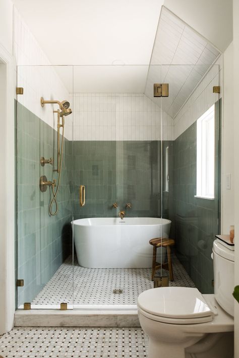 Shower Bath Next To Each Other, Clawfoot Tub In Shower Stall, 50s Style Bathroom, Victoria Plumbing Bathroom, Soak Tub Shower Combo, Bath And Shower Next To Each Other, Shower Bathtub Combo Layout, Bathroom Remodel Soaking Tub Master Bath, Soaking Tub With Shower Combo