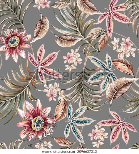 Tropical Exotic Colorful Seamless Pattern Illustration Stock Illustration 2096637313 | Shutterstock Abstract Pattern Design, Digital Texture, Art Deco Wallpaper, Digital Borders Design, Flower Art Images, Tropical Art, Abstract Drawings, Digital Print Fabric, Digital Flowers