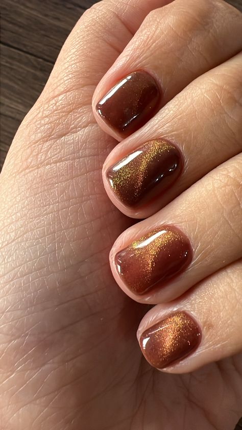 Cateyes Nails Fall, Thanksgiving Nails Cat Eye, Caramel Colored Nails, Velvet Nails Fall, Wedding Cat Eye Nails, Brown Copper Nails, Brown And Gold Nail Art, Cats Eye Manicure, Bronze Gel Nails