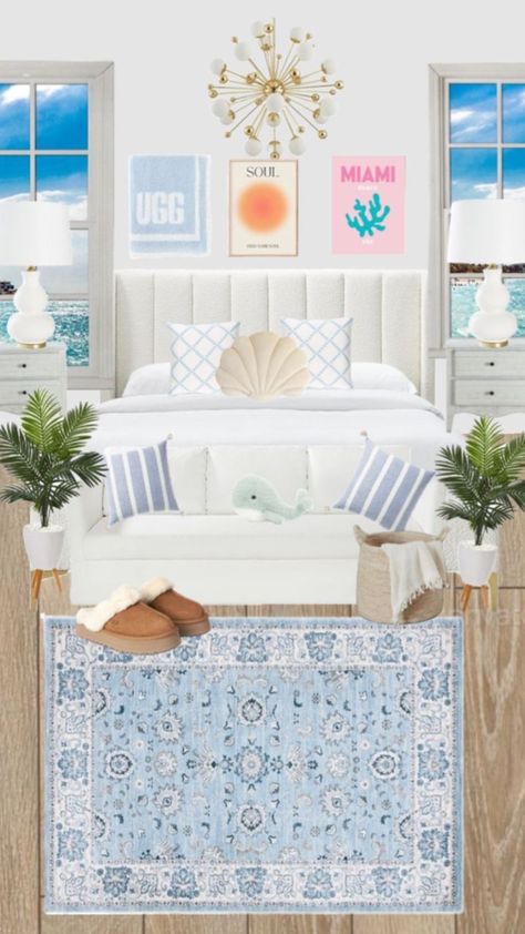 Beach room🌊🤍✨✨ Colorful Beach Room, Cute Beach Rooms, Teen Beach Room, Beach Room Ideas, Room Shuffles, Coastal Preppy Bedroom, Costal Bedroom, Coastal Room Decor, Ocean Room Decor