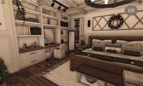 Rocitizens House Ideas Cozy Cottage, Roblox Bloxburg Realistic House, Bloxburg Rustic Bedroom Ideas, Bloxburg Farmhouse Bathroom Ideas, Rustic Bloxburg Interior, Rustic Bloxburg Bedroom, Realistic Interior Bloxburg, Boo Burg Realistic House, Bloxburg House Inspo Living Room