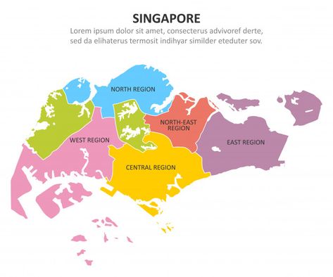 Singapore multicolored map with regions. | Premium Vector Peta Singapore, Map Of Singapore, Singapore Map, Travel Book Design, Northeast Region, Infographic Map, Vector Infographic, Childcare Activities, Travel City