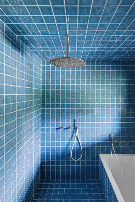 Gallery of Draw Inspiration From These 21st Century Bathroom Designs - 6 Ceiling Tiles Bathroom, Tile Ceiling, Ceiling Bathroom, Master Bath And Closet, Out House, Hotel Building, Bathroom Ceiling, Keep The Lights On, Blue Bathroom