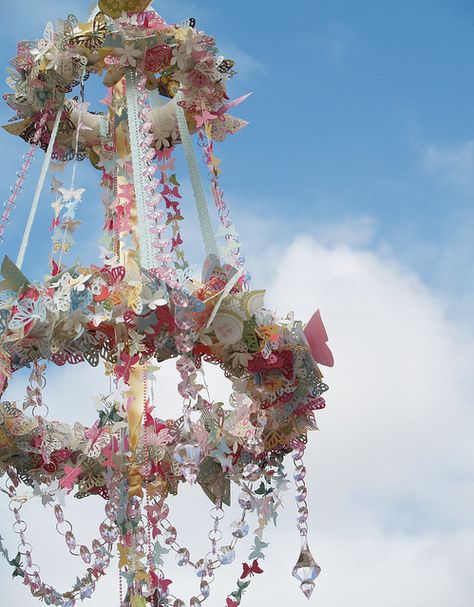 Stunningly gorgeous handmade butterfly chandelier (this must have taken ages! Bravo to the creator!!!) #quinceanera #butterfly Butterfly Chandeliers, May Days, Butterfly Party, Butterfly Wedding, Spring Party, Beltane, Deco Floral, Summer Solstice, The Ceiling