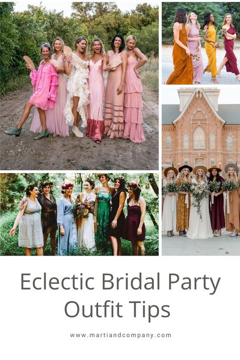 Non Traditional Bridesmaid Outfits, Eclectic Bridal Party, Unique Bridal Party Outfits, Eclectic Wedding Party, Non Traditional Bridesmaids, Unconventional Bridesmaid Dresses, Eclectic Bridesmaid Dresses, Bridal Party Outfits, Modern Bridal Party