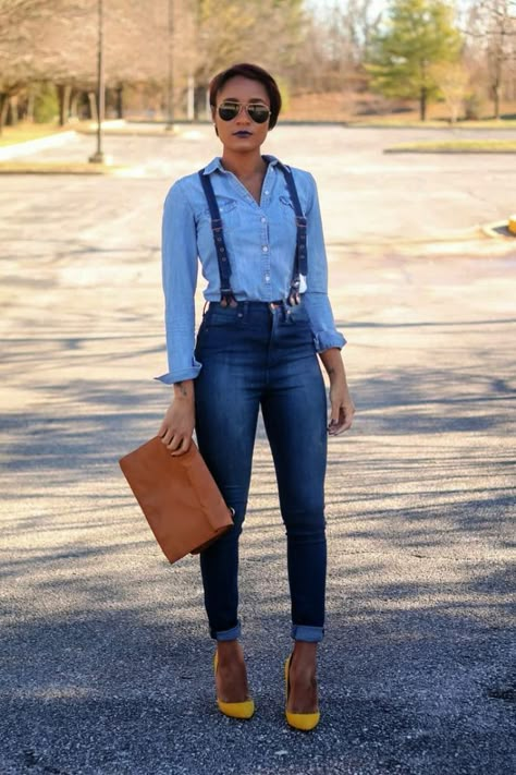 Suspender Jeans, Moda Jeans, Denim On Denim, Boyfriend Jean, Mode Casual, Double Denim, Elegante Casual, Outfit Jeans, Minimalist Outfit