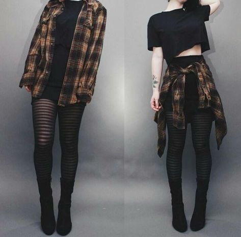 Grunge Style Outfits, Black Tights Outfit, Plaid Shirt Outfits, Converse Outfits, Look Grunge, Ulzzang Korea, Goth Outfit, Peplum Tops, Black Clothes