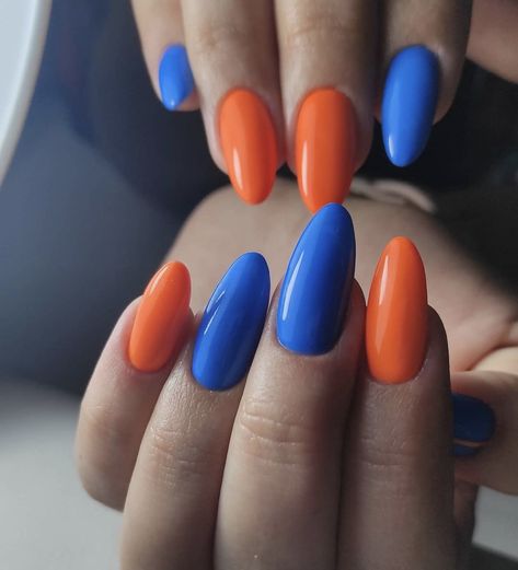 Bright Blue And Orange Nails, Electric Blue And Orange Nails, Blue And Orange Pedicure, Simple Orange Nails, Orange And Blue Nails Design, Navy And Orange Nails, Blue Orange Nails, Blue And Orange Nails Designs, Orange And Blue Nails