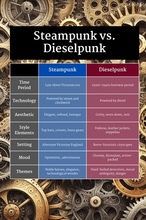 What is Dieselpunk? (Plus 5 Examples) | Imagine Forest Diesel Punk Aesthetic, Dieselpunk World, Nanopunk Aesthetic, Steampunk Story Ideas, Teslapunk Aesthetic, Decopunk Aesthetic, Steampunk Names, Types Of Punk, Clockpunk Aesthetic