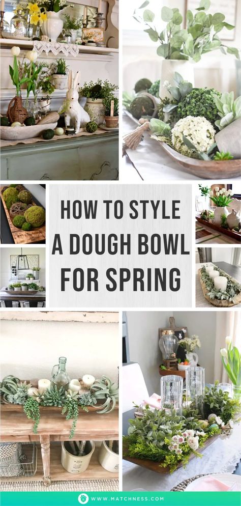 How to Style a Dough Bowl for Spring - Matchness.com Dining Room Table Centerpiece Ideas With Lanterns, Wooden Bowl Centerpiece Ideas, Large Dough Bowl Centerpiece, Easter Centerpieces Table Dining Rooms, Round Dough Bowl Centerpiece, Long Dough Bowl Centerpiece, Spring Vignettes Display Ideas, Large Dough Bowl Decor Ideas, Easter Coffee Table Decor