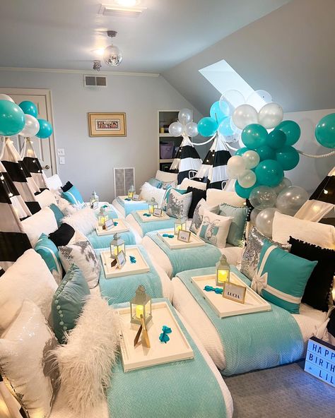 The details, pillows, tiffany blue...😍 Yesterday we set up this fabulous Tiffany&Co. / Breakfast at Tiffany’s inspired party for Lila’s 14th birthday! This theme is classy, elegant and perfect for teenage girlies that want to have a unique slumber party! 🩵💍✨ ✨ ✨ #teepees #thekampout #slumberparty #sleepover #glampteepees #howdyyall #teepeebirthdayparty #OKC #customparty #shopsmallbusiness #okcpartyideas #thelittlekampout #shoplocal #kidsparty #sleepoverparty #slumberparty #familyslumberparty... Fun Blue Sleepover Sets, Tiffany And Co Theme Party Balloons, Breakfast At Tiffanys Balloon Garland, Breakfast At Tiffany’s Party Decor, Breakfast At Tiffany’s Balloon Arch, 14th Birthday, Breakfast At Tiffanys, Sleepover Party, Shop Small Business