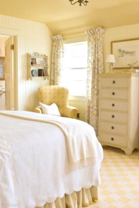 This bedroom with ensuite bathroom is perfectly pretty in butter yellow. Learn how to add the yellow aesthetic in your home decor and pair it with other colors, such as yellow and purple, yellow and blue, and more. Yellow paint, yellow walls, and even yellow wallpaper are trending, thanks to Gen Z Yellow. Learn how to incorporate yellow in your interior design on the Hadley Court blog. #yellowaesthetic #yellowpaint Pale Yellow Bedrooms, Whimsigothic Bedroom, Light Yellow Bedrooms, Yellow Girls Bedroom, Yellow Bedroom Walls, Yellow Kids Rooms, Yellow Bedroom Decor, Yellow Furniture, Yellow Cottage