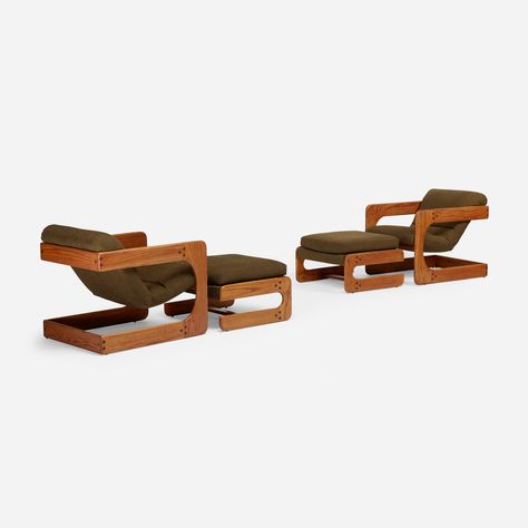 145: LOU HODGES, lounge chairs with ottomans, pair < Design, 24 March 2016 < Auctions | Wright: Auctions of Art and Design Lou Hodges Coffee Table, Lou Hodges, Chairs With Ottomans, Lounge Chair Leather Brown, Cd Design, Stained Oak, Lounge Chairs, Art And Design, Lounge Chair