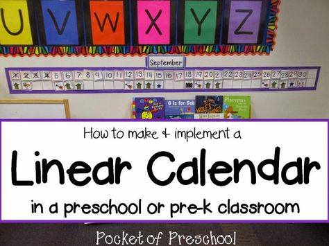 How to Make and Implement a Linear Calendar Linear Calendar, Calendar Preschool, Kindergarten Calendar, Preschool Organization, Calendar Skills, Pocket Of Preschool, Preschool Calendar, Circle Time Activities, Calendar Math