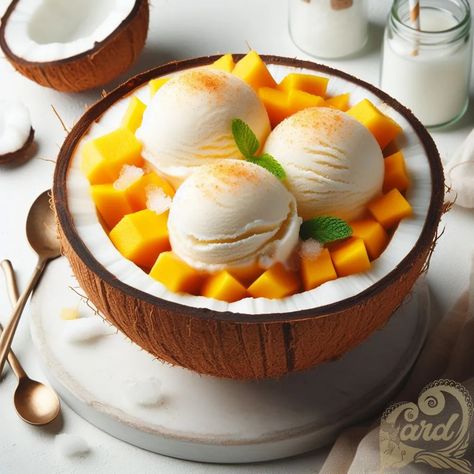 https://card9.com/ai/mango-coconut-ice-cream Coconut Ice, Coconut Ice Cream, Mango Coconut, Amazing Cakes, Food Art, Flowers Bouquet, Plant Leaves, Juice, Mango