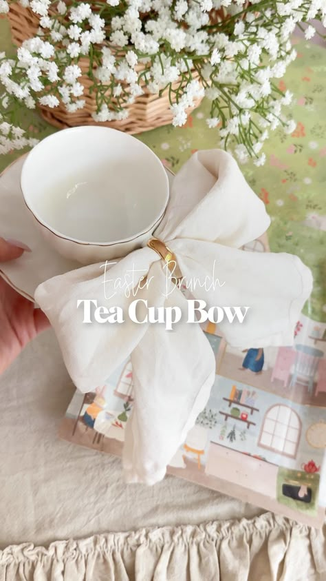 Make Easter Brunch extra special with tea cup bows or coffee cup bows. You don’t need fancy napkins to try this. Just buy the large dinner… | Instagram Derby Tea Party Ideas, Tea Cup Party Decorations, Tea Party Food Display, High Tea Themes Ideas, Bridgerton Party Activities, Bow Themed Bridal Shower Ideas, Brunch Tea Party Food, Tea Party Food Table, Bridgerton Tea Party Ideas