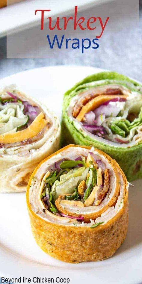 Turkey wraps filled with sliced turkey, bacon, and cheddar cheese. Slice into small rounds for party food or cut in half for lunch. Perfect recipe for packing in a lunch box. Turkey Wrap Recipes, Turkey Wrap, Husband Lunch, Turkey Wraps, Turkey Ham, Healthy Wraps, Sandwich Wraps, Deli Turkey, Sliced Turkey