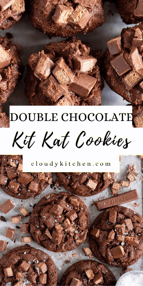 These Kit Kat Cookies are perfect for using up halloween candy. They are soft and chewy in the center and slightly crunchy around the edges, and are filled with chocolate chunks and chopped Kit Kat. Kit Kat Cookies Recipes, Kit Kat Dessert Recipes, Kitkat Cookies, Baking Besties, Kit Kat Cookies, Kit Kat Chocolate, Cake Samples, Cloudy Kitchen, Resepi Biskut