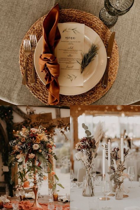 Rust And Amber Wedding, Fall Boho Wedding Reception Tables, Terracotta Wedding Ceremony Decor, Champagne Rustic Wedding Theme, Diy Rustic Wedding Table Decor, Vintage Boho Fall Wedding, Rustic Fall Wedding Place Setting, Terracotta And Sage Centerpieces, Fireplace Hearth Wedding Decorations