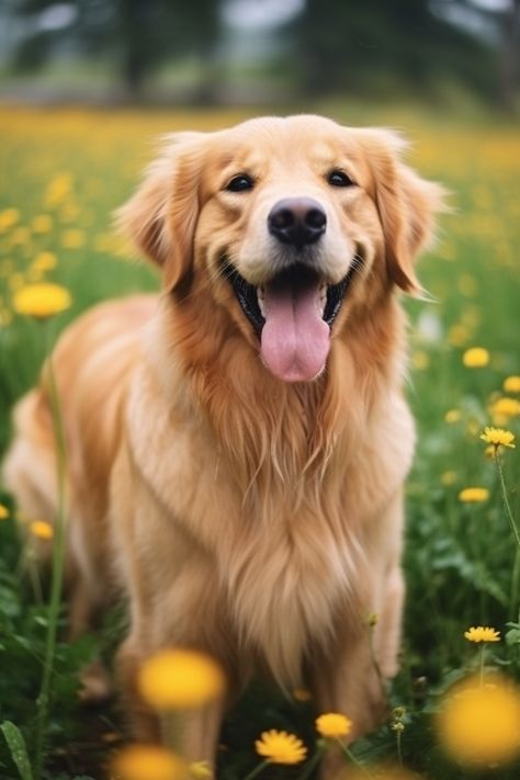 portrait photography of a cute golden retriever dog looking at the camera in a field of yellow flowers. Golden Retriever Smile, Golden Retriever Photography, Golden Retriever Wallpaper, Golden Magic, Cute Dog Wallpaper, Golden Retriever Funny, Big Dog Breeds, Dog Aesthetic, Street Dogs