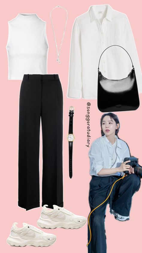 Shin Hye Sun Welcome to Samdalri KDrama Inspired Outfit Casual Black & White OOTD Kdrama Inspired Outfits, Shin Hyesun, White Ootd, Shin Hye Sun, Shin Hye-sun, Korean Casual Outfits, Quick Outfits, Casual Black, Outfit Casual