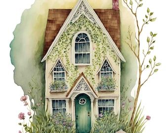 Cottage Illustration, Cottage Art, Digital Art Print, Fairy Houses, Instant Download Printable, Country Cottage, Digital Art Prints, 인테리어 디자인, Watercolor Painting