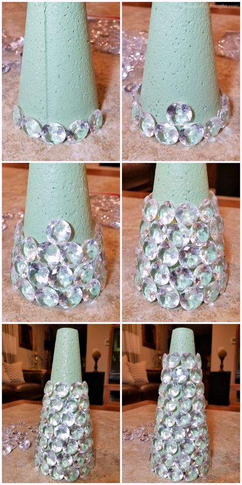 Dollar Store Christmas Crafts, Jeweled Christmas Trees, Christmas Cones, Inexpensive Decor, Candyland Christmas, Jeweled Christmas, Christmas Float, Christmas Arts And Crafts, Cone Christmas Trees